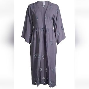 Kimono Eyelet One Button Duster Jacket Cover-up Lightweight Purple Coastal Lg XL